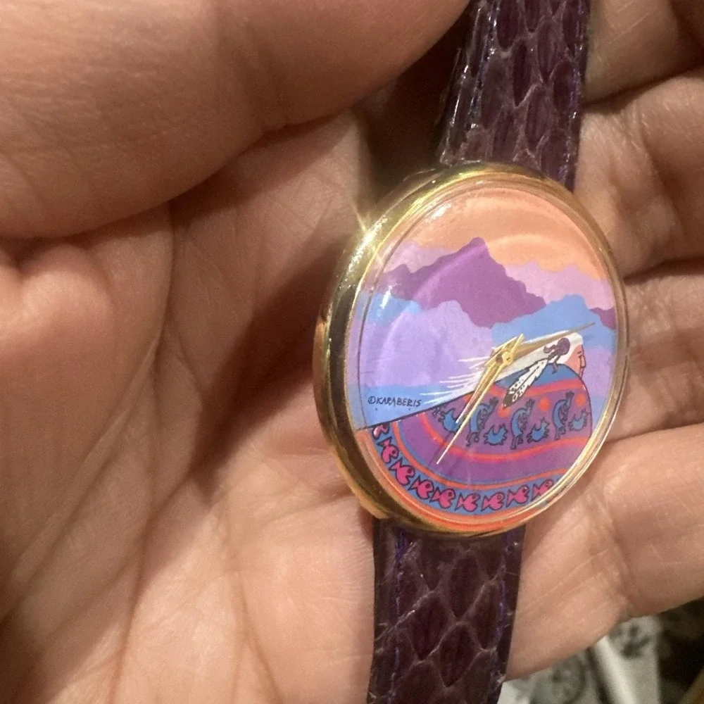 VTG Karaberis Art Watch Kokopelli Southwest Spirit Purple Python Snake Band RUNS